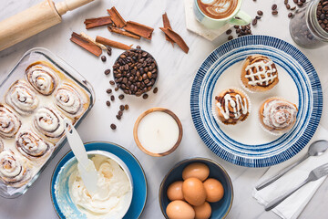 Cinnamon rolls, freshly baked on a plate kitchen tabletop