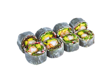 Japanese Sushi Roll wrapped in daikon radish. Asian dish without rice isolation on white. Roll pieces with salad leaves, tobiko caviar (flying fish roe), tempura shrimp, avocado. 
