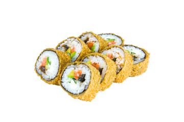Japanese Hot Sushi Roll in tempura isolated on white background. Asian Banzai Roll pieces with salmon, eel, avocado, cucumber, Philadelphia cheese wrapped in nori seaweed. Isolation on white.

