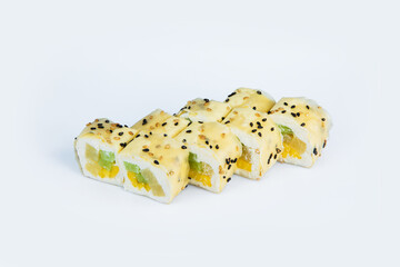 Japanese Sweet Sushi Roll with fruits wrapped in rice and mamenori seaweed. isolated on gray background. Asian dessert dish with kiwi, banana, ananas (pineapple) inside. Single object isolation. 