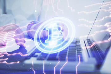 Blockchain theme hud with man working on computer on background. Concept of crypto chain. Double exposure.