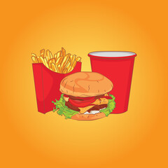 Vector cartoon illustration of fast food meal with burger soda cup and french fries