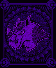 Illustration vector Rhino head mandala tribal style with sacred geometry on black background.
