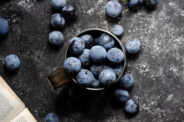 plums with books on black background