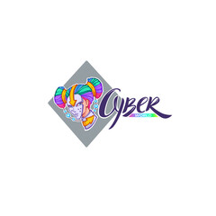 Cyber world, vector cyberpunk logo, with girl portrait and lettering composition