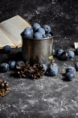 plums with books on black background