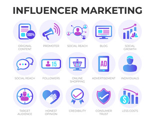 Modern Digital Influencer Marketing Icon Set with SEO, Email Marketing, Web Design, Analytics, Social Media and other Icons.