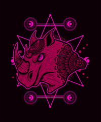 Illustration vector Rhino head mandala tribal style with sacred geometry on black background.