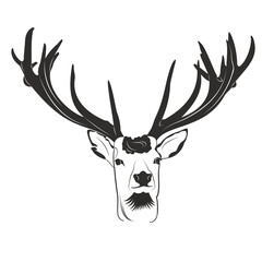 European deer head black silhouette isolated on white background. Reindeer head with beautiful horns. Wild forest animal. Hand draw vector illustration. Design element for hunting projects, interior.