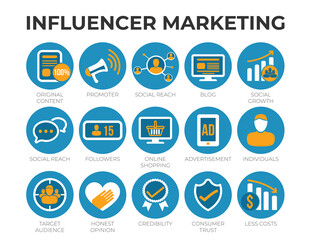 Influencer Marketing Icon Set with SEO, Email Marketing, Web Design, Analytics, Social Media and other Icons.