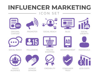 Influencer Marketing icon Set. Content, Promoter, Social Reach, Blog, Growth, Conversation, Followers, Online Shopping, Advertisement, Individuals, Audience, Responsibility, Credibility Icons Collecti