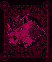 Illustration vector Rhino head mandala tribal style with sacred geometry on black background.