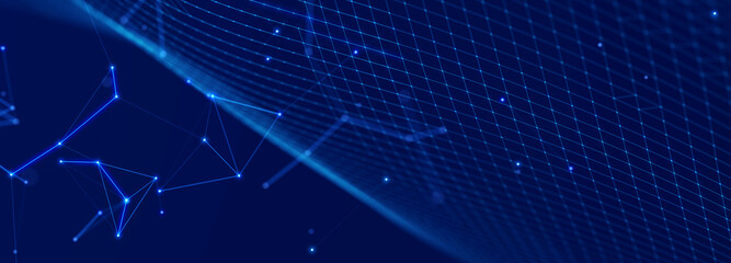 Abstract polygonal space with connecting dots and lines. Dark background. Connection structure. 3d Widescreen