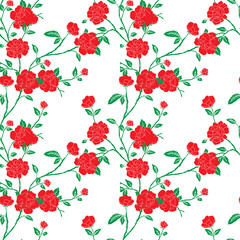 seamless red garden rose pattern design on white background.