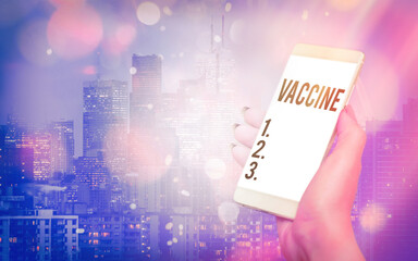 Writing note showing Vaccine. Business concept for preparation of killed microorganisms or living...