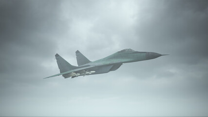 Naklejka na ściany i meble Tactical Jet Fighter Aircraft Flying Low Overcast Day 3d illustration 3d render