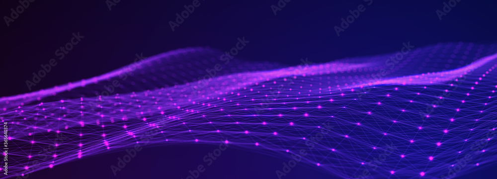 Poster Abstract flow of luminous particles on dark background. Movement of colored dots. Big data. 3D rendering. Widescreen