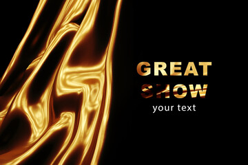 Template posters and invitations for the show, a gold curtain and black background. Gold surface with pleats,