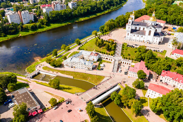 Vitebsk, Belarus - july 20, 2019 - Aerial photography of the city of Vitebsk. View of the river and the central part with pedestrians.