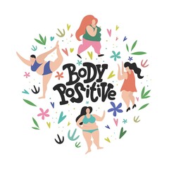 Circle concept with curvy woman and sign body positive