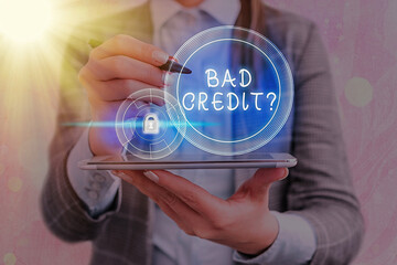 Text sign showing Bad Credit Question. Business photo showcasing a bad credit score due to...