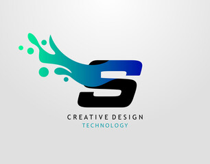 Letter S Water Splash Logo. Modern Techno Alphabet Splatter Icon, Template Design.
