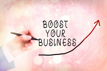 Handwriting text writing Boost Your Business. Conceptual photo Suitable for web Landing page, web page design to increase profit digital arrowhead curve rising upward denoting growth development