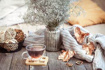 still life autumn cozy composition with tea