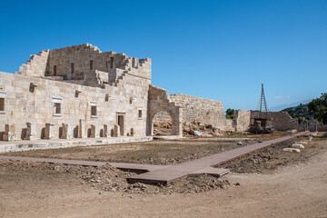 Patara (Pttra). Ruins of the ancient Lycian city Patara. Amphi-theatre and the assembly hall of Lycia public. Patara was at the Lycia (Lycian) League's capital. Aerial view shooting. Antalya, TURKEY