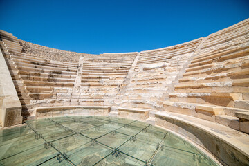 Patara (Pttra). Ruins of the ancient Lycian city Patara. Amphi-theatre and the assembly hall of Lycia public. Patara was at the Lycia (Lycian) League's capital. Aerial view shooting. Antalya, TURKEY