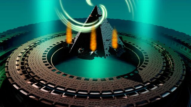 Intergalactic docking station color motion footage clip with docking pyramide and futuristic spaceship