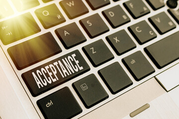 Word writing text Acceptance. Business photo showcasing when you agree to take something officially...