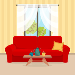 Red sofa in a room with a window. Cozy living room interior with couch, curtains window and small table with teapot and two cups. Flat style. Vector illustration