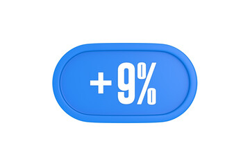 9 Percent increase 3d sign in light blue color isolated on white background, 3d illustration.