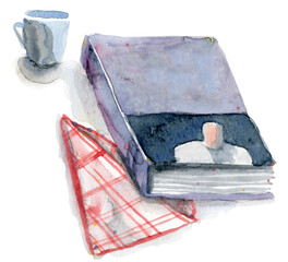 Hand drawn watercolor book with cup and napkin