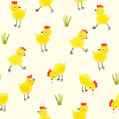 Seamless pattern of funny yellow chickens. Hand-drawn watercolor texture with cute birds on a yellow background. Perfect for textiles, prints, packaging, wallpaper, scrapbooking and children's design.