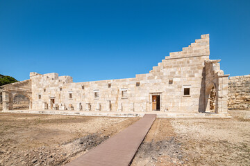 Patara (Pttra). Ruins of the ancient Lycian city Patara. Amphi-theatre and the assembly hall of Lycia public. Patara was at the Lycia (Lycian) League's capital. Aerial view shooting. Antalya, TURKEY