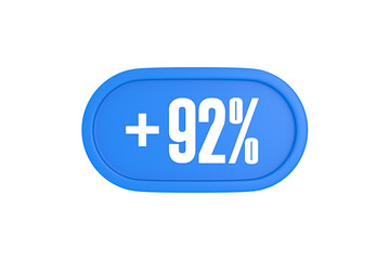 92 Percent increase 3d sign in light blue color isolated on white background, 3d illustration.