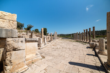 Patara (Pttra). Ruins of the ancient Lycian city Patara. Amphi-theatre and the assembly hall of Lycia public. Patara was at the Lycia (Lycian) League's capital. Aerial view shooting. Antalya, TURKEY