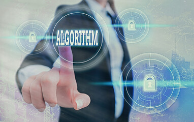 Text sign showing Algorithm. Business photo showcasing a method or set of rules for calculations or other problem solving Graphics padlock for web data information security application system