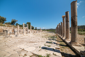 Patara (Pttra). Ruins of the ancient Lycian city Patara. Amphi-theatre and the assembly hall of Lycia public. Patara was at the Lycia (Lycian) League's capital. Aerial view shooting. Antalya, TURKEY