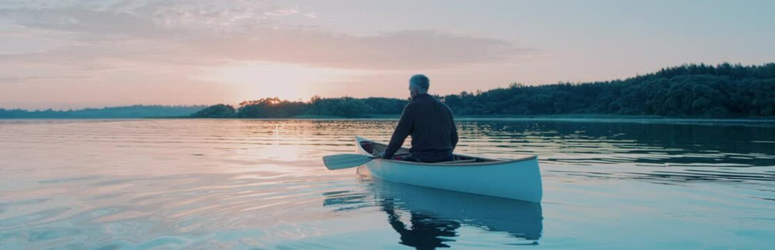Man canoeing in a traditional wooden boat on a large lake at dawn, enjoying sunrise. Shot on RED cinema camera with 2x anamorphic lens