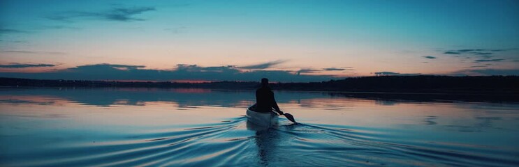WIDE Man canoeing in a traditional wooden boat on a large lake at dawn. Shot on RED cinema camera with 2x anamorphic lens - Powered by Adobe