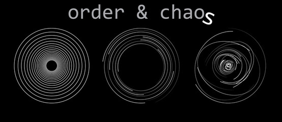 white lines in circle form on black background. Order and chaos concept.