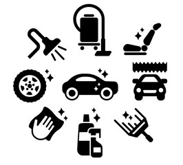 car wash vector icon set illustration,  service clip art, symbol, icons in black and white.