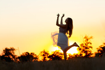 silhouette of a beautiful girl in dress at sunset in on horizon with trees, figure of young woman with long hair enjoying nature, concept of leisure