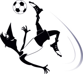 Smiling young man playing football illustration. Cartoon football player kicks a ball black on white
