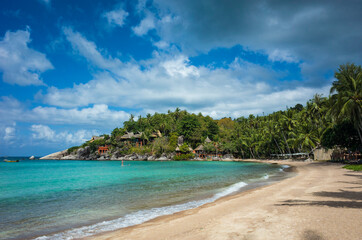 Tropical island paradise turquoise clear water at Sairee beach on Koh Tao, Thailand