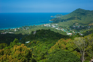 Tropical island in Thailand. View of Sairee village from West Coast Viewpoint Koh Tao