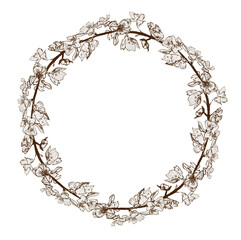 Hand drawn romantic wreath. Decorative botanical element, wreath for inviting card - 365650361